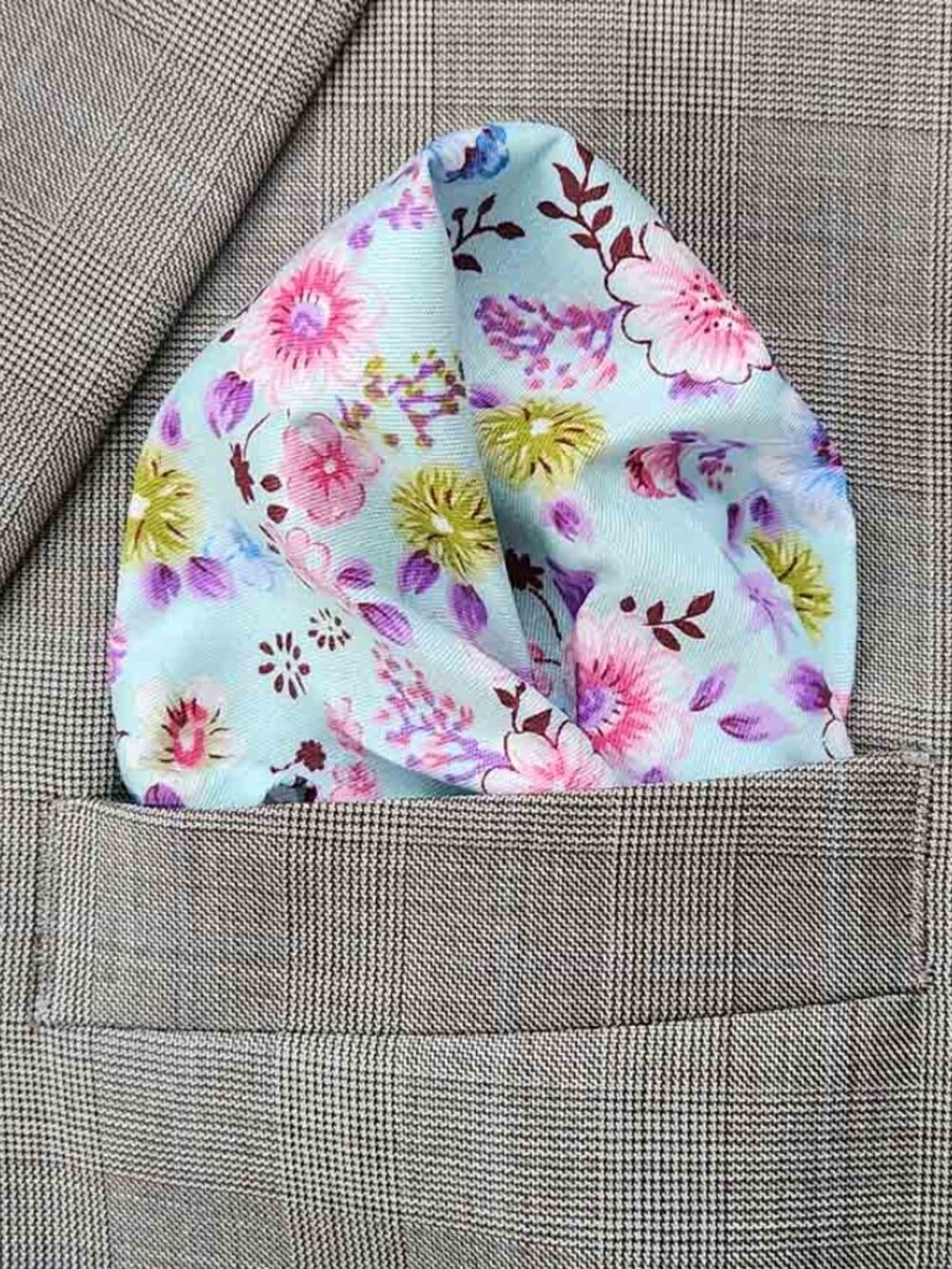 Gascoigne Hand Stitched Pocket Square Blue Pink Green Cotton Men's